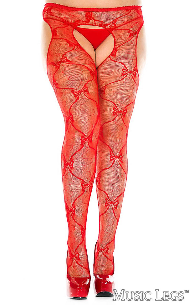 BOW LACE SUSPENDER PANTYHOSE RED OSXL